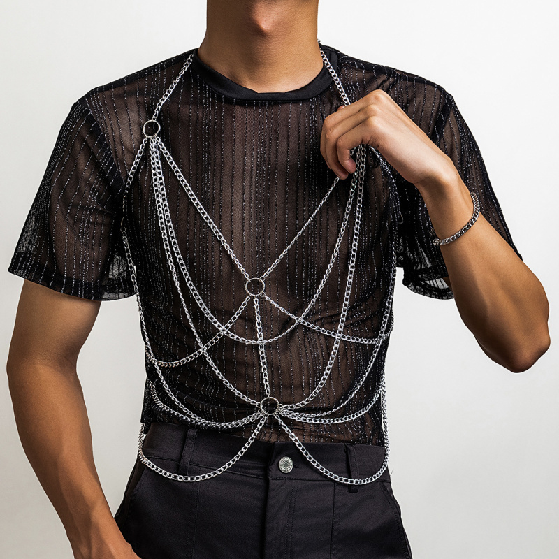 Fashion Harness Men - سلسلة جسم رجالية فضية متعددة الطبقات،